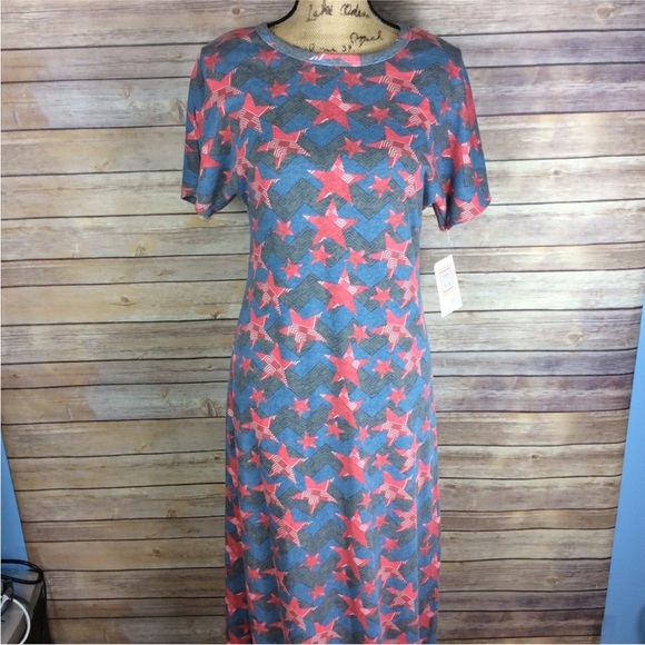 LuLaRoe Maria Dress Womens Size Small Blue Red White Gray with Stars Print - Picture 1 of 8
